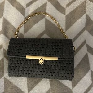 Handcrafted, Gray Clutch with gold clasp and gold chain. Lined.